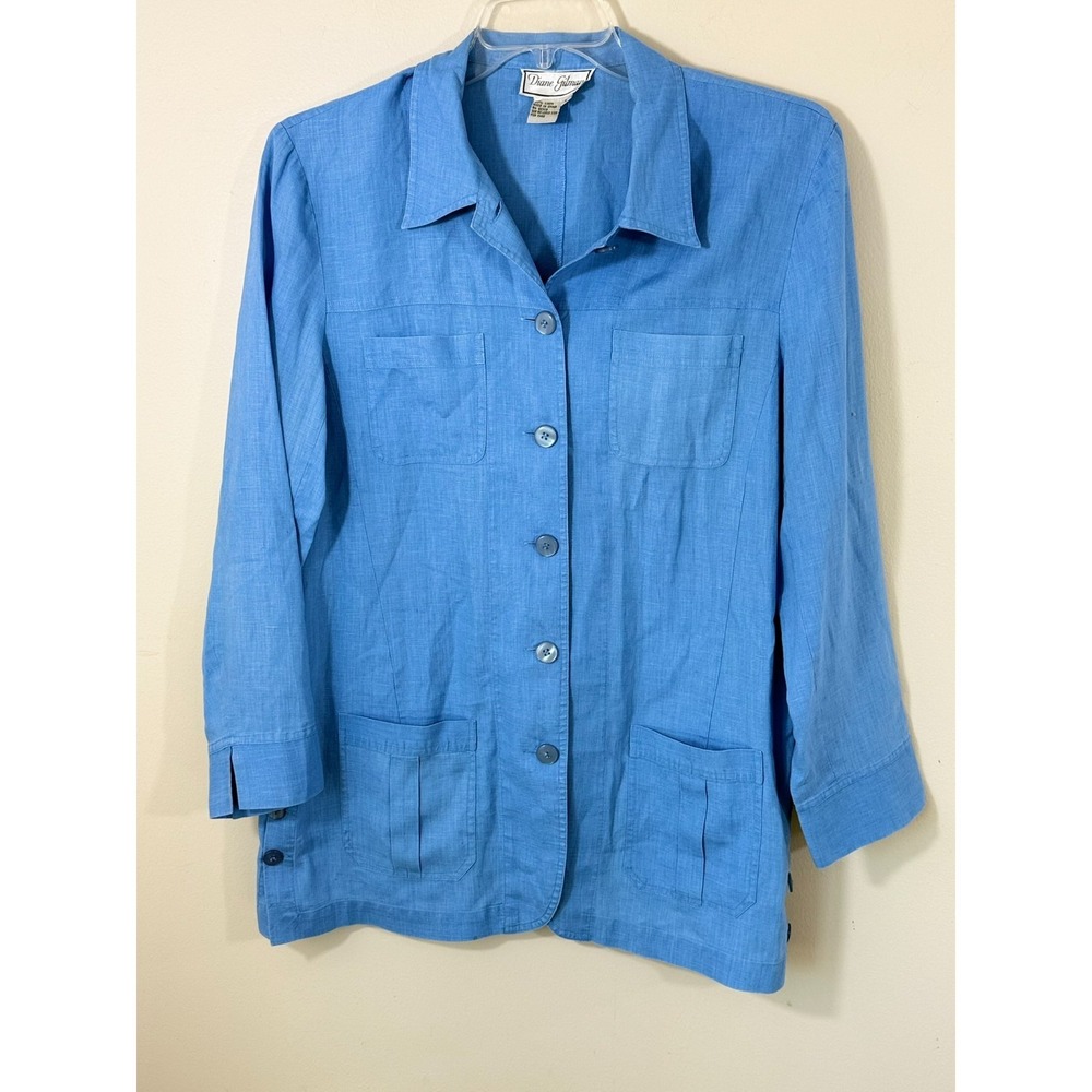 Diane Gilman Shirt Dress Women's L Blue 100% Linen Button Front Coastal Resort